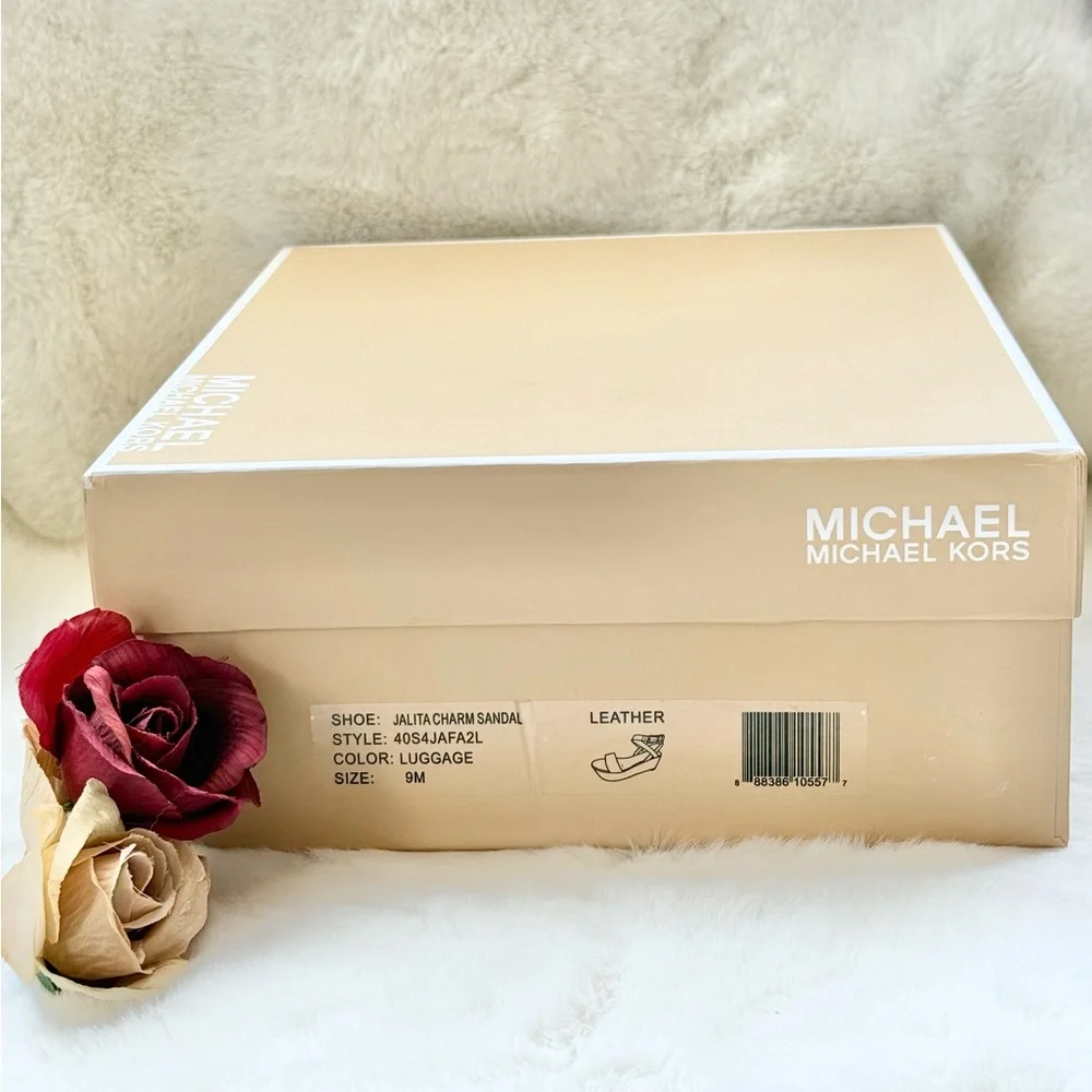 New with tags MICHAEL KORS JALITA CHARM platform SANDAL color, “Luggage”Leather - Picture 12 of 16